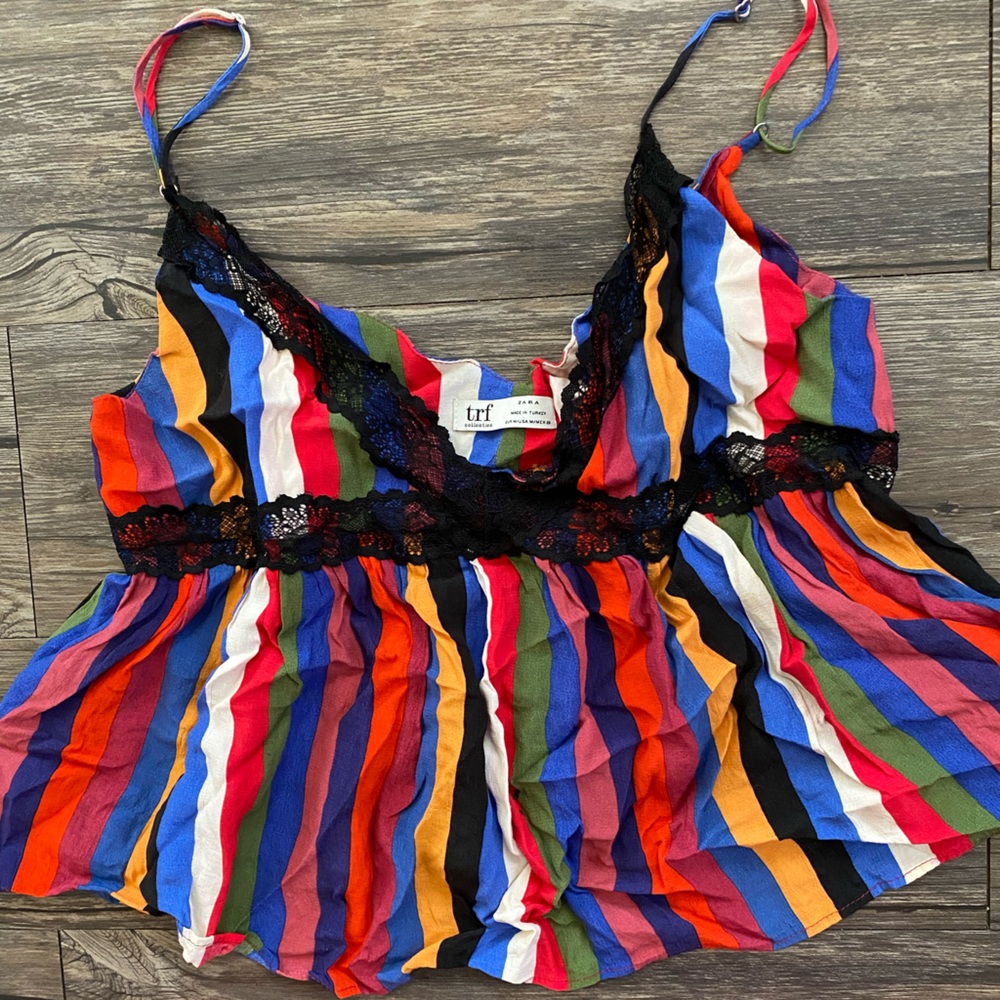 Zara Multicolor Striped Top with Black Lace
